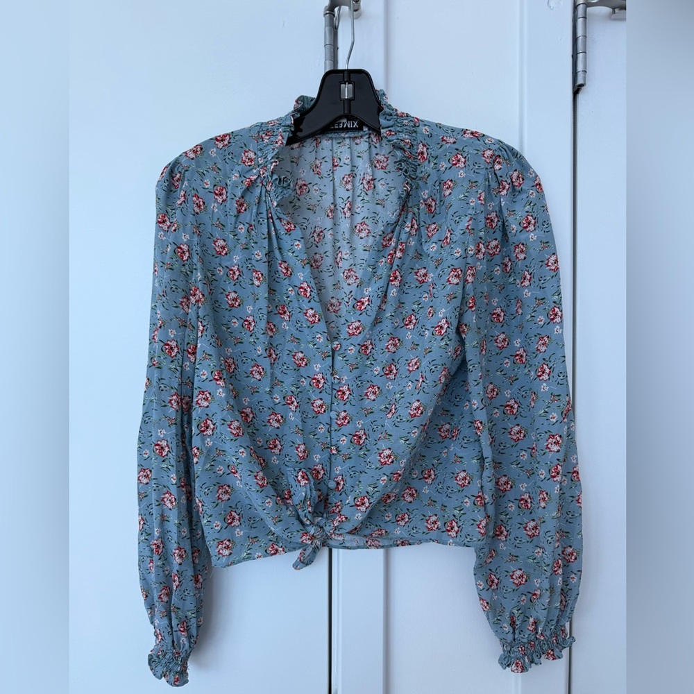 INTERMIX Floral print Smocked Tie front Blouse with 3/4 Sleeve